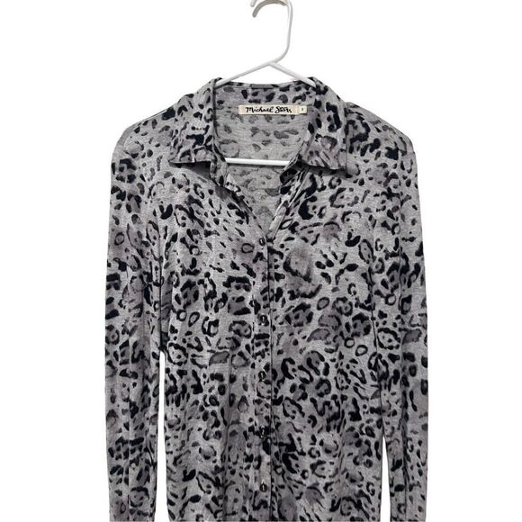 Michael Stars Leopard Print Long Sleeve Button Up Shirt Black Gray Size Small - Picture 3 of 9